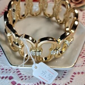 Shiny Goldtone & Rhinestone Oval Link Stretch Bangle NWT